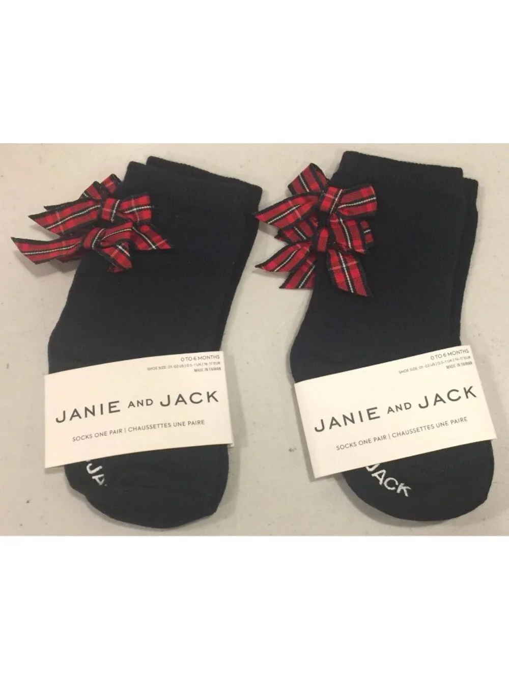 Janie & Jack Holiday Crew Socks Navy Red Plaid Bows Size 0-6 Months Set of 2
